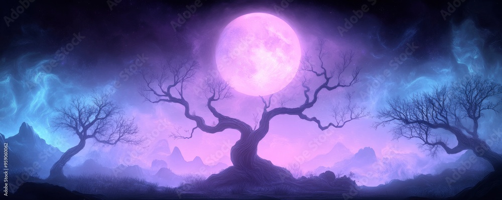 art of black twisted trees and a full moon in the background