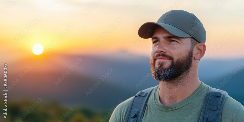 An adventure traveler who hikes appreciates taking a pause to look at the summit of the mountain at dusk. An adventure traveler who hikes appreciates taking a pause to look at the summit of the mountain at dusk.