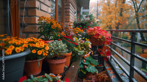 Wallpaper Mural balcony in autumn, cozy and warm, with plants and flowers. vibrant foliage Torontodigital.ca