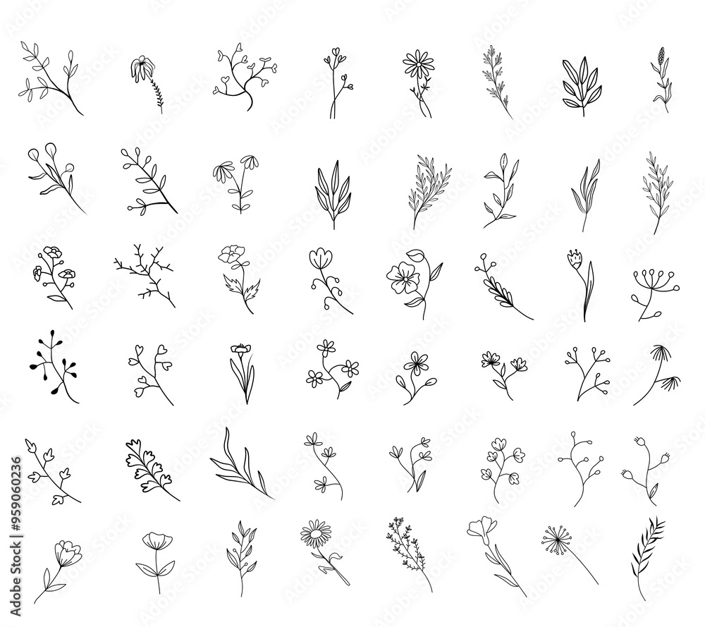 A set of flower designs are shown in black and white. The flowers are stylized and appear to be from a nature-inspired collection A set of flower designs are shown in black and white. The flowers are stylized and appear to be from a nature-inspired collection