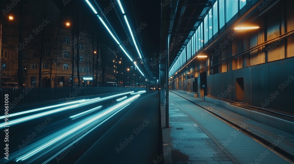 Long exposure shot of a bustling city street at night, showcasing light trails and modern architecture with glowing windows Long exposure shot of a bustling city street at night, showcasing light trails and modern architecture with glowing windows
