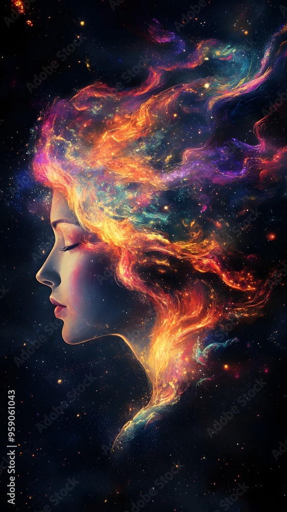 A beautiful woman's head is made of colorful paint, with a dark background and black space around her head A beautiful woman's head is made of colorful paint, with a dark background and black space around her head