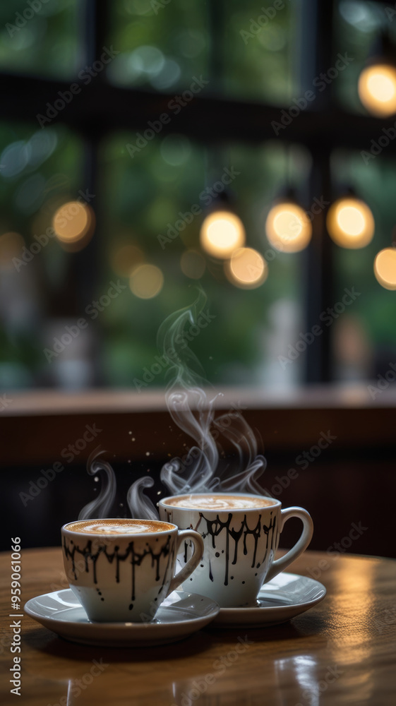 Fototapeta premium Heart-Shaped Steam Over Coffee Cups in Cafe. Two steaming cups of hot coffee