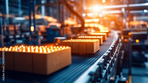 Boxes move along a conveyor belt in a factory setting