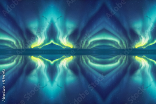 Captivating Aurora Borealis: A Stunning Display of Vibrant Green and Blue Lights Dancing Across the Night Sky, Reflected in Tranquil Waters, Creating a Mesmerizing Symmetrical Scene