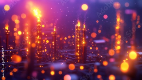 An industrial refinery illuminated at night with glowing flames and bokeh lights, creating a vibrant, atmospheric scene that contrasts industry