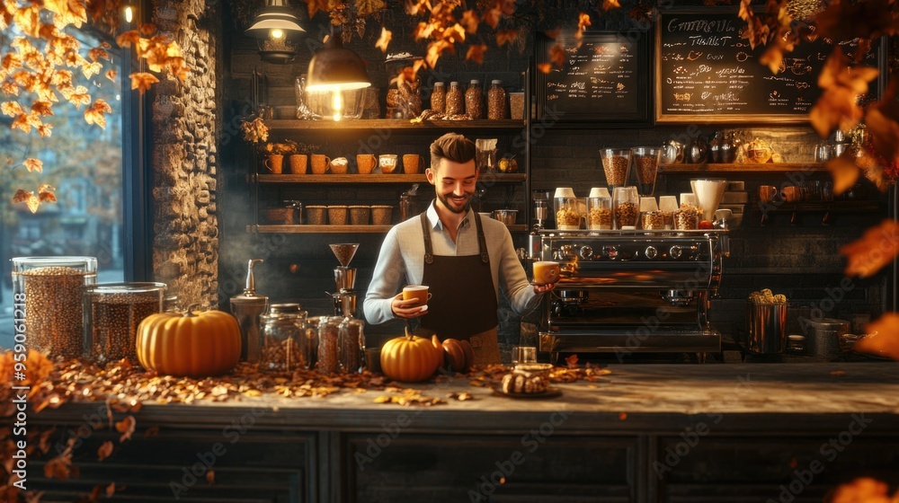 Pumpkin Spice Café with Cozy Autumn Vibes, Barista Serving Pumpkin Spice Lattes and Warm Lights Pumpkin Spice Café with Cozy Autumn Vibes, Barista Serving Pumpkin Spice Lattes and Warm Lights