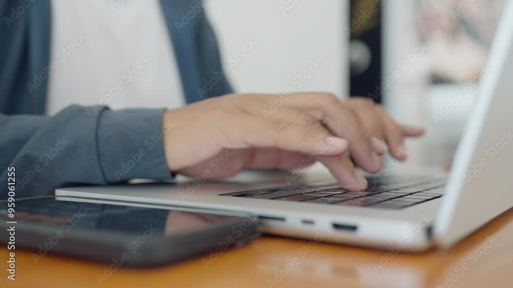 A person is typing on a laptop computer. The laptop is on a wooden table. The person is wearing a blue shirt A person is typing on a laptop computer. The laptop is on a wooden table. The person is wearing a blue shirt