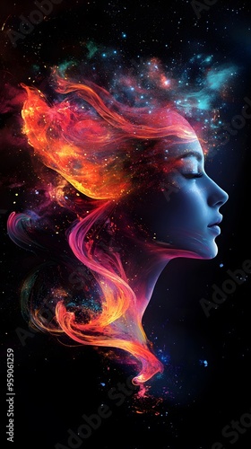 A beautiful woman's head is made of colorful paint, with a dark background and black space around her head