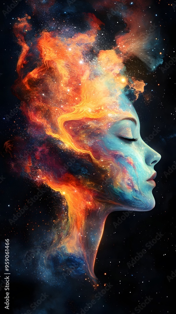 A beautiful woman's head is made of colorful paint, with a dark background and black space around her head A beautiful woman's head is made of colorful paint, with a dark background and black space around her head