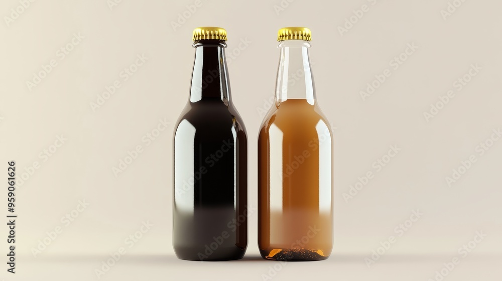 Two distinct beer bottles, one dark and one light, showcasing refreshing beverages with unique styles and colors. Two distinct beer bottles, one dark and one light, showcasing refreshing beverages with unique styles and colors.