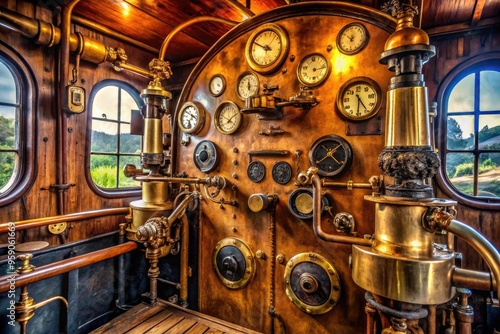 Vintage steam engine cab interior with gleaming brass fixtures, worn wooden panels, and intricate mechanical controls surrounded by aged gauges and steam pipes. photo