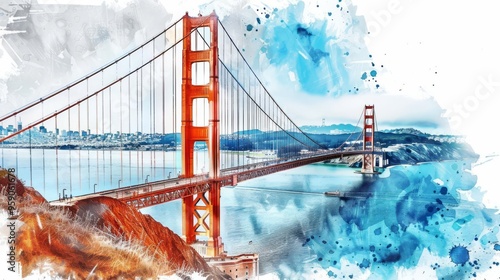 Colorful watercolor painting of the Golden Gate Bridge, showcasing its iconic structure and scenic surroundings.
