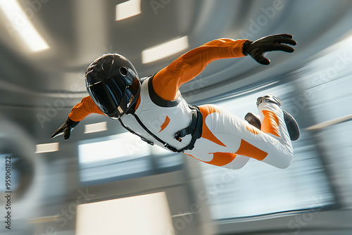 A skydiver in an orange and white suit with a black helmet is in a wind tunnel. photo