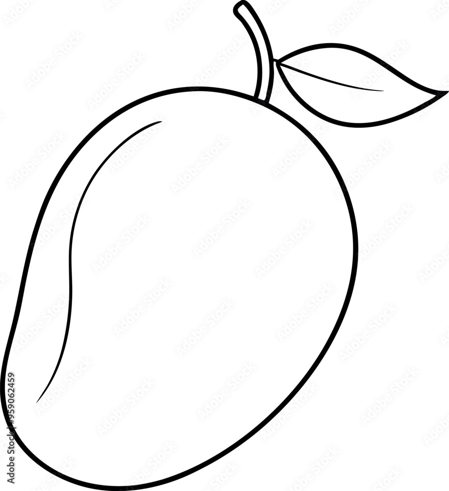 Simple Black and White Outline Illustration of a Mango with a Leaf on a White Background Simple Black and White Outline Illustration of a Mango with a Leaf on a White Background