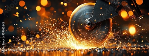 Metalworking, sparks flying from grinding wheel, industrial machinery, steel disc blade cutting metal, warm tones of orange and yellow sparks, dark background with blurred bokeh lights photo