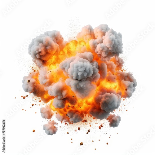 Massive explosion, energy burst element, hand-drawn illustration, vibrant fireball and debris, isolated on white background