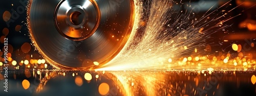 Metalworking, sparks flying from grinding wheel, industrial machinery, steel disc blade cutting metal, warm tones of orange and yellow sparks, dark background with blurred bokeh lights photo