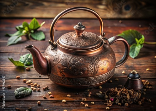 Warmly toned, distressed copper teapot with ornate handle and lid, adorned with intricate etchings, placed on a rustic wooden table amidst scattered tea leaves. photo