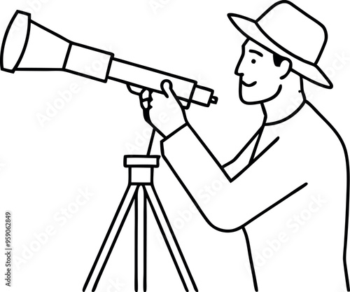 Black And White Illustration of Man Using Telescope on Tripod for Outdoor Astronomy
