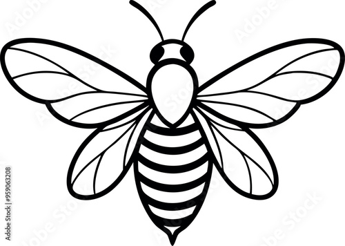 Stylized Black And White Bee Illustration With Detailed Wings And Stripes For Nature And Insect Related Designs