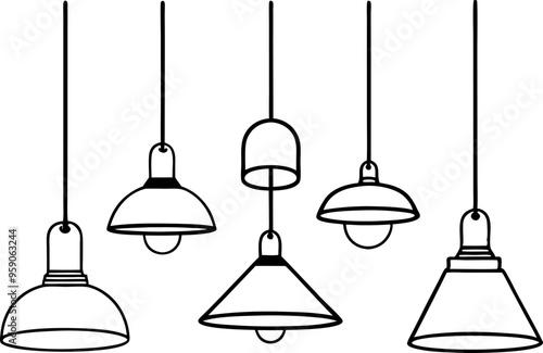 Black and White Line Drawing of Various Hanging Pendant Lamps in Minimalist Style