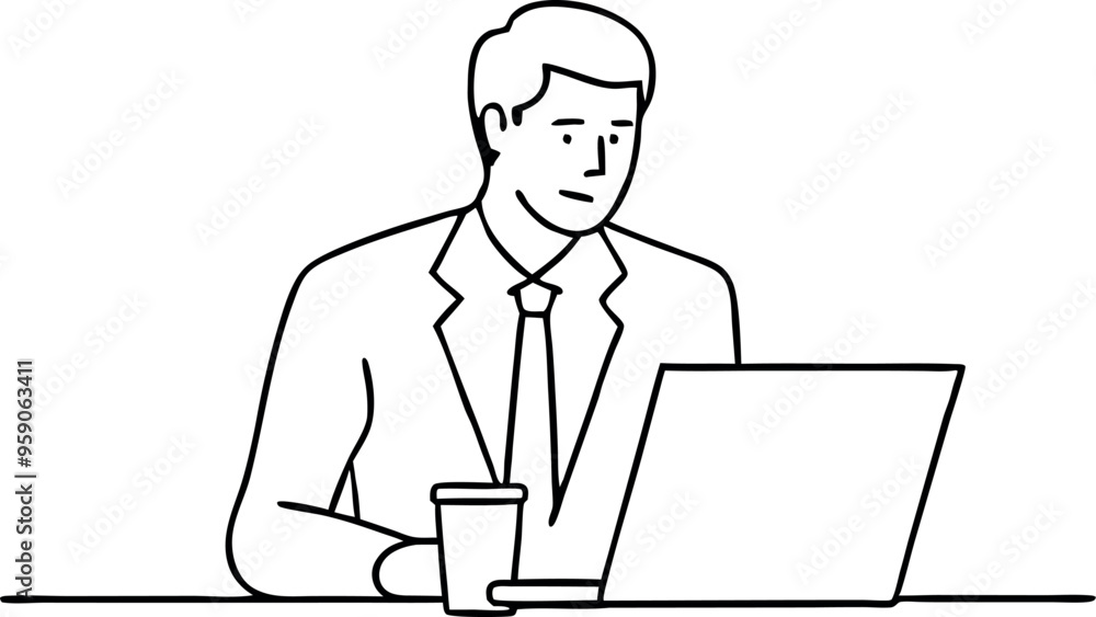 Line Art Illustration of a Businessman Working on Laptop with Coffee at Desk Line Art Illustration of a Businessman Working on Laptop with Coffee at Desk