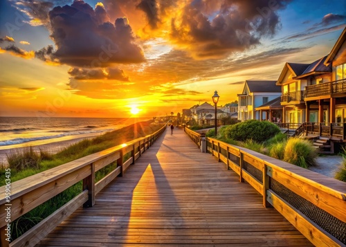 Warm sunset light casts a golden glow on the wooden planks of a serene beachside boardwalk, lined with shops and restaurants, in Topsail Beach.