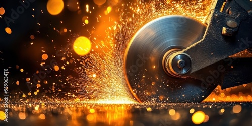 Metalworking, sparks flying from grinding wheel, industrial machinery, steel disc blade cutting metal, warm tones of orange and yellow sparks, dark background with blurred bokeh lights photo