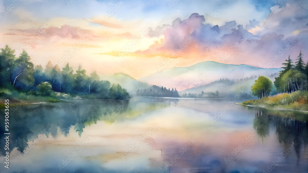 Serene lake landscape illustration in watercolor style with mountains and reflections
Serene lake landscape illustration in watercolor style with mountains and reflections