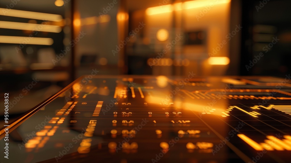 Close-up of a futuristic control panel with glowing orange lights and data displays. Close-up of a futuristic control panel with glowing orange lights and data displays.