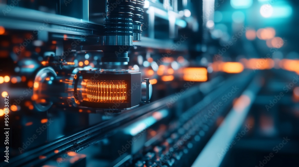 Close-up of a futuristic industrial machine with glowing orange lights and intricate mechanical parts. Close-up of a futuristic industrial machine with glowing orange lights and intricate mechanical parts.