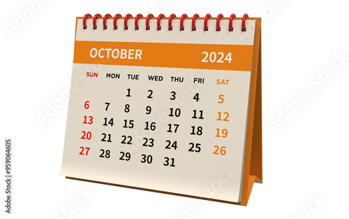 Standing Desk Calendar October 2024. Business monthly calendar with red spiral-bound, the week starts on Sunday. Pages on a white base and orange title, transparent background, , png,  3d render