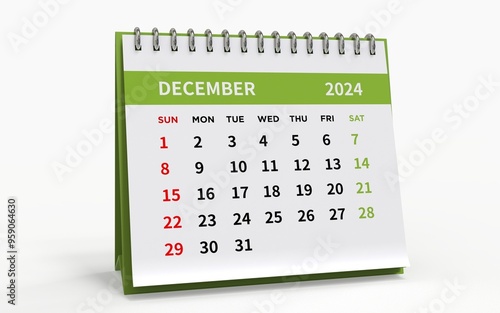 Standing Desk Calendar December 2024. Business monthly calendar with metal spiral-bound, the week starts on Sunday. Pages on a white base and green title, isolated on white background, 3d render
