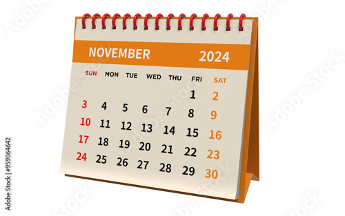 Standing Desk Calendar November 2024. Business monthly calendar with red spiral-bound, the week starts on Sunday. Pages on a white base and orange title, transparent background, png,  3d render
