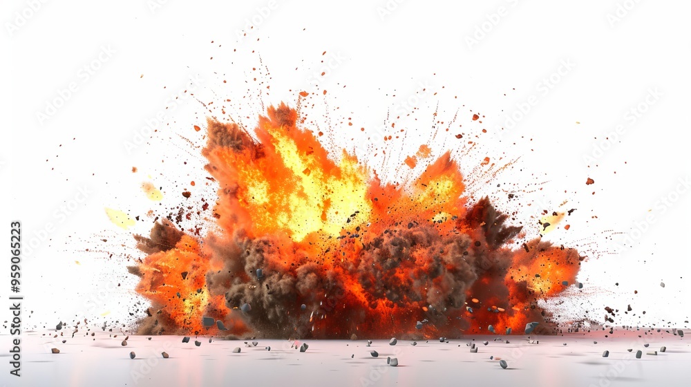 massive explosion, flames and shockwave everywhere, Pure white background massive explosion, flames and shockwave everywhere, Pure white background