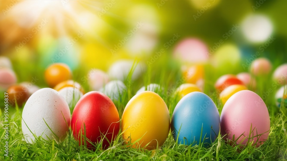 Vibrant Easter Eggs Resting on Fresh Green Grass Vibrant Easter Eggs Resting on Fresh Green Grass