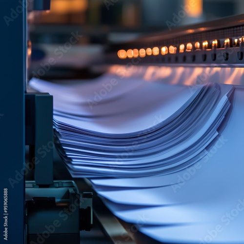 Close-up of a printing press with a stack of fresh, printed papers photo