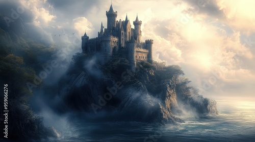 A majestic castle perched on a cliff overlooking the sea.