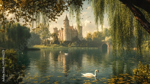 A swan swims in a lake near a castle. photo