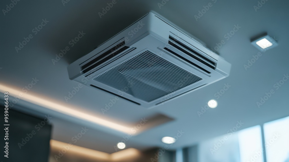 Modern Ceiling-Mounted Air Conditioning Unit in a Bright Interior Modern Ceiling-Mounted Air Conditioning Unit in a Bright Interior