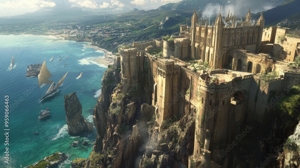 Fototapeta premium A cliffside castle overlooking a blue sea.