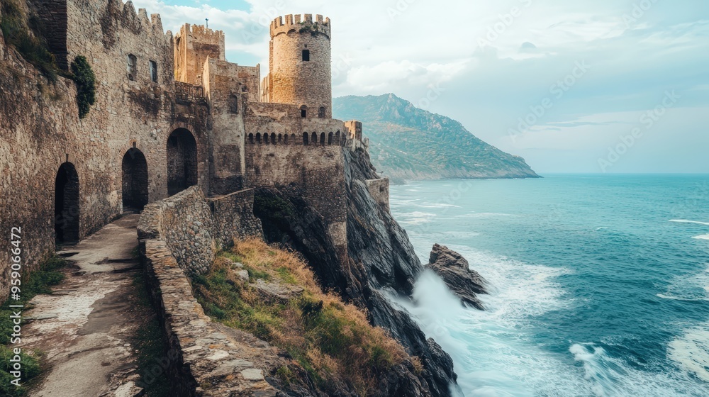Ancient stone castle perched on cliff overlooking ocean. Ancient stone castle perched on cliff overlooking ocean.
