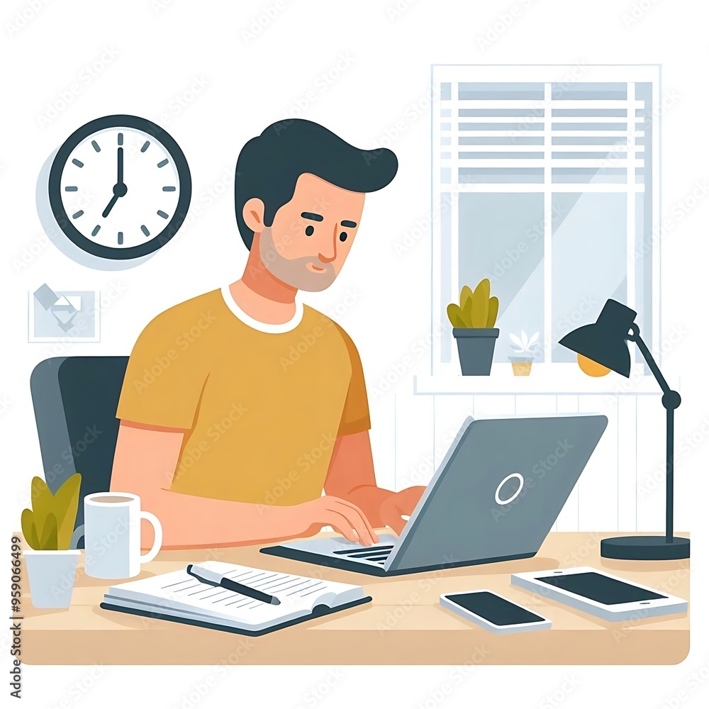 Young man working on laptop flat style, white background, isolated, pastel colors Young man working on laptop flat style, white background, isolated, pastel colors