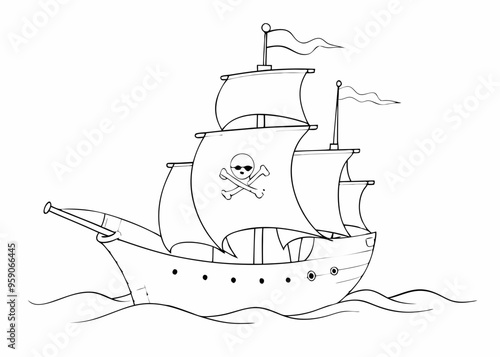 Cartoon pirate ship outline for coloring, adventurous design, fun activity, copy space