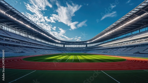 Empty Stadium with Curved Red Running Track and Vast Grandstands