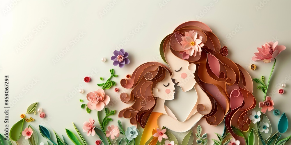 A vibrant quilling art piece for Mother's Day, mother with daughter, Children's Day, spring, banner A vibrant quilling art piece for Mother's Day, mother with daughter, Children's Day, spring, banner