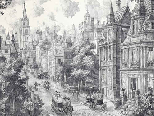 Historic cityscape: A Toile design featuring a bustling 18th-century European city, with narrow cobblestone streets, horse-drawn carriages, and towering church spires