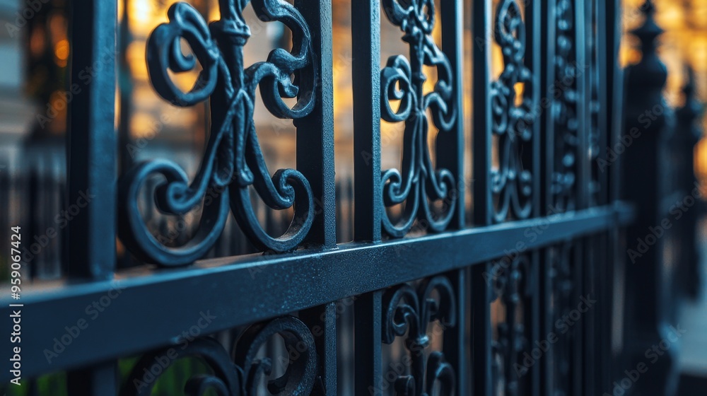 Close-up of an ornate black metal fence with intricate designs. Close-up of an ornate black metal fence with intricate designs.