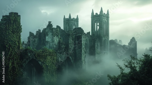 Ruined stone church shrouded in fog. photo